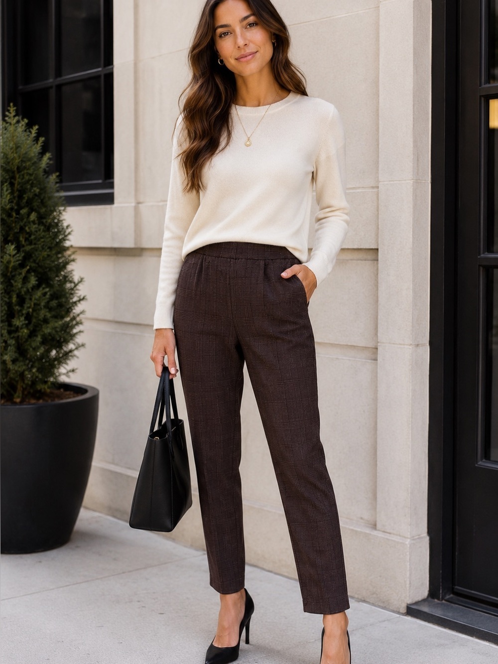 H&M Brown Plaid Pull On Ankle Pants Size 6 Career Office Stretch Chic